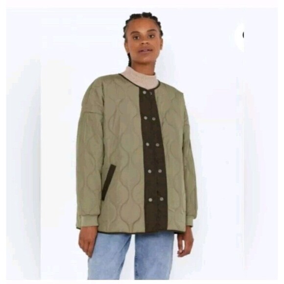 NEW Noisy May Quilted Oversized Jacket Womens M Green Maggy Snap Button Coat - Picture 1 of 14